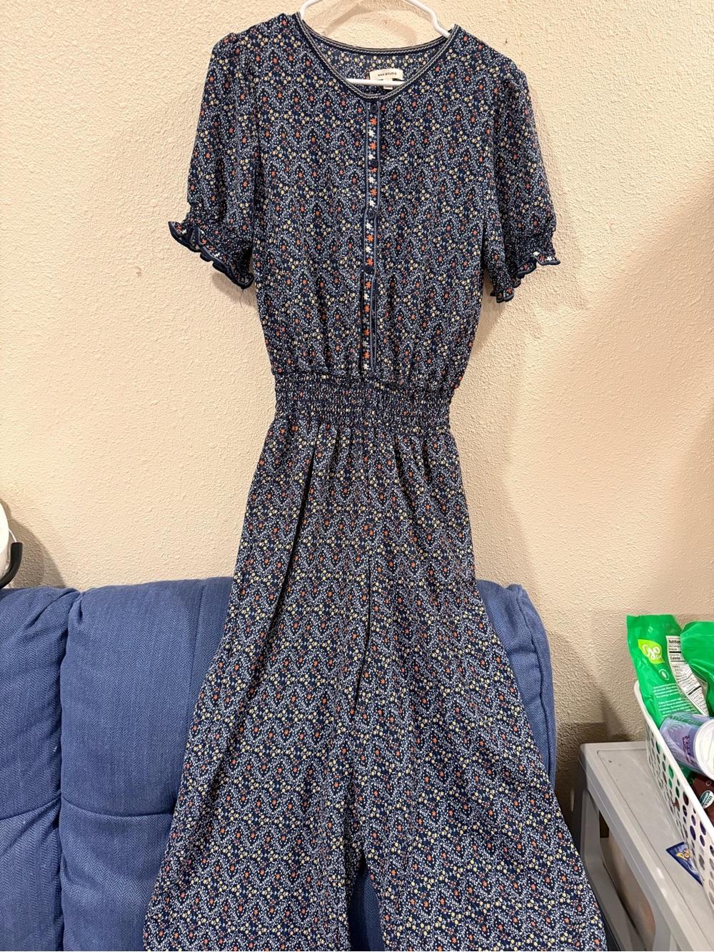 Max Studio Navy Blue Printed Midi Dress with Smocked Waist